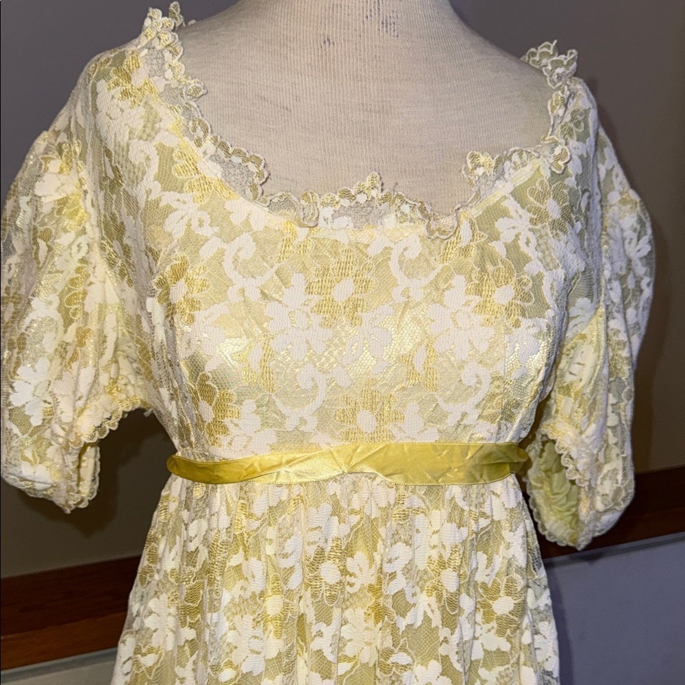 Vintage 1960s Yellow Taffeta Floral Overlay Prom Dress | Puffed Sleeves  Gown - Picture 4 of 16